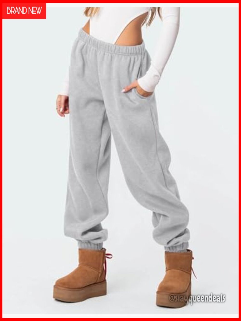 Fleece Lined High Waist Baggy Sweatpants with Pockets Joggers - Picture 5 of 7